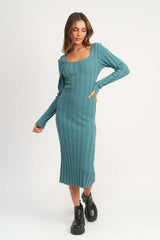 Square Neck Ribbed Midi Sweater Dress in Green / Brown, Sweater Dresses, $ 94.95, A Moment Of Now™