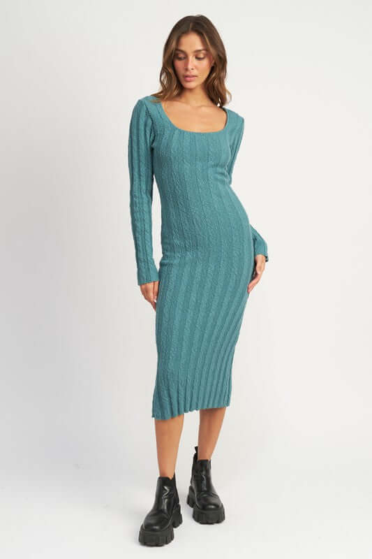 Square Neck Ribbed Midi Sweater Dress in Green / Brown, Sweater Dresses, $ 94.95, A Moment Of Now™