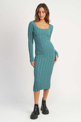Square Neck Ribbed Midi Sweater Dress in Green / Brown, Sweater Dresses, $ 94.95, A Moment Of Now™