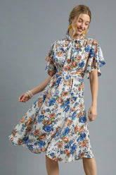 Royal Blue Floral Print Flutter Sleeve Dress, Dresses, $ 65.00, A Moment Of Now™