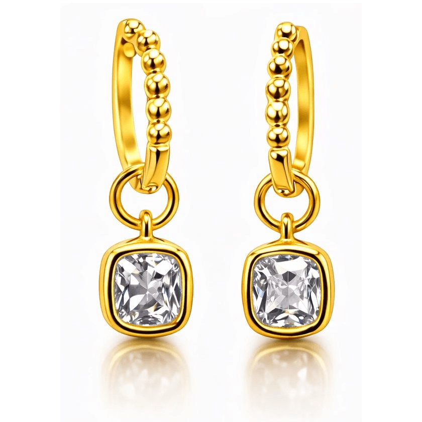 1CTW Created Moissanite Beaded Hoop Drop Earrings in 14kt Gold Over Sterling Silver - Round or Cushion Cut, Earrings, $ 299.00, A Moment Of Now™