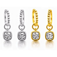 1CTW Created Moissanite Beaded Hoop Drop Earrings in 14kt Gold Over Sterling Silver - Round or Cushion Cut, Earrings, $ 299.00, A Moment Of Now™