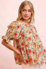 Flower Printed Shirring Detail Blouse Top | Boutique In USA, Tops, $ 50.00, A Moment Of Now™