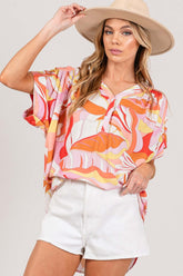 Coral Abstract Print Half Button Blouse - Stylish & Chic, Blouses, $ 45.00, A Moment Of Now™