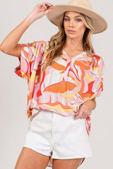 Coral Abstract Print Half Button Blouse - Stylish & Chic, Blouses, $ 45.00, A Moment Of Now™