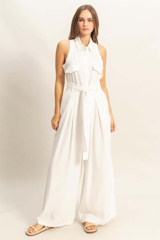 White Sleeveless Tie Waist Wide Leg Jumpsuit | Stylish Fit, Jumpsuits, $ 64.00, A Moment Of Now™