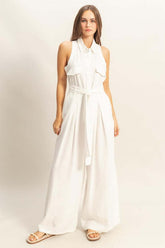 White Sleeveless Tie Waist Wide Leg Jumpsuit | Stylish Fit, Jumpsuits, $ 64.00, A Moment Of Now™