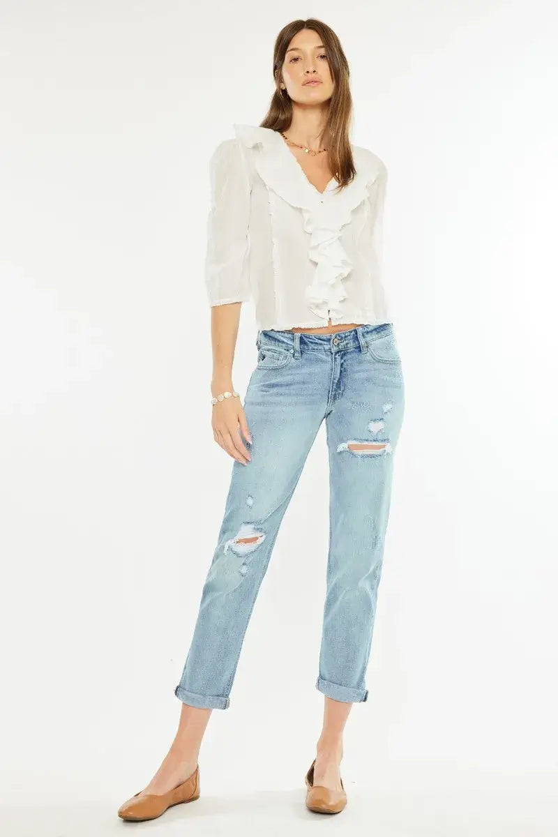 Light Blue Mid Rise Distressed Boyfriend Fit Jeans, Jeans, $ 69.00, A Moment Of Now™