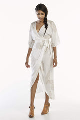 Peacock Maxi Wrap Dress in White + Gold | Boutique In USA, Dresses, $ 180.00, A Moment Of Now™