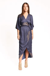 Peacock Feather Wrap Dress in Navy + Gold | Boutique In USA, Dresses, $ 180.00, A Moment Of Now™
