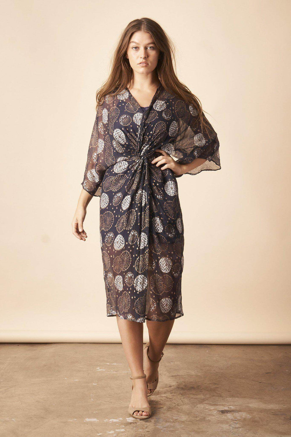 Dancing Umbrellas Twisted Midi Dress in Navy + Metallic | Boutique In USA, Dresses, $ 180.00, A Moment Of Now™