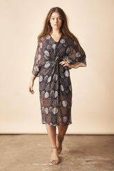 Dancing Umbrellas Twisted Midi Dress in Navy + Metallic | Boutique In USA, Dresses, $ 180.00, A Moment Of Now™