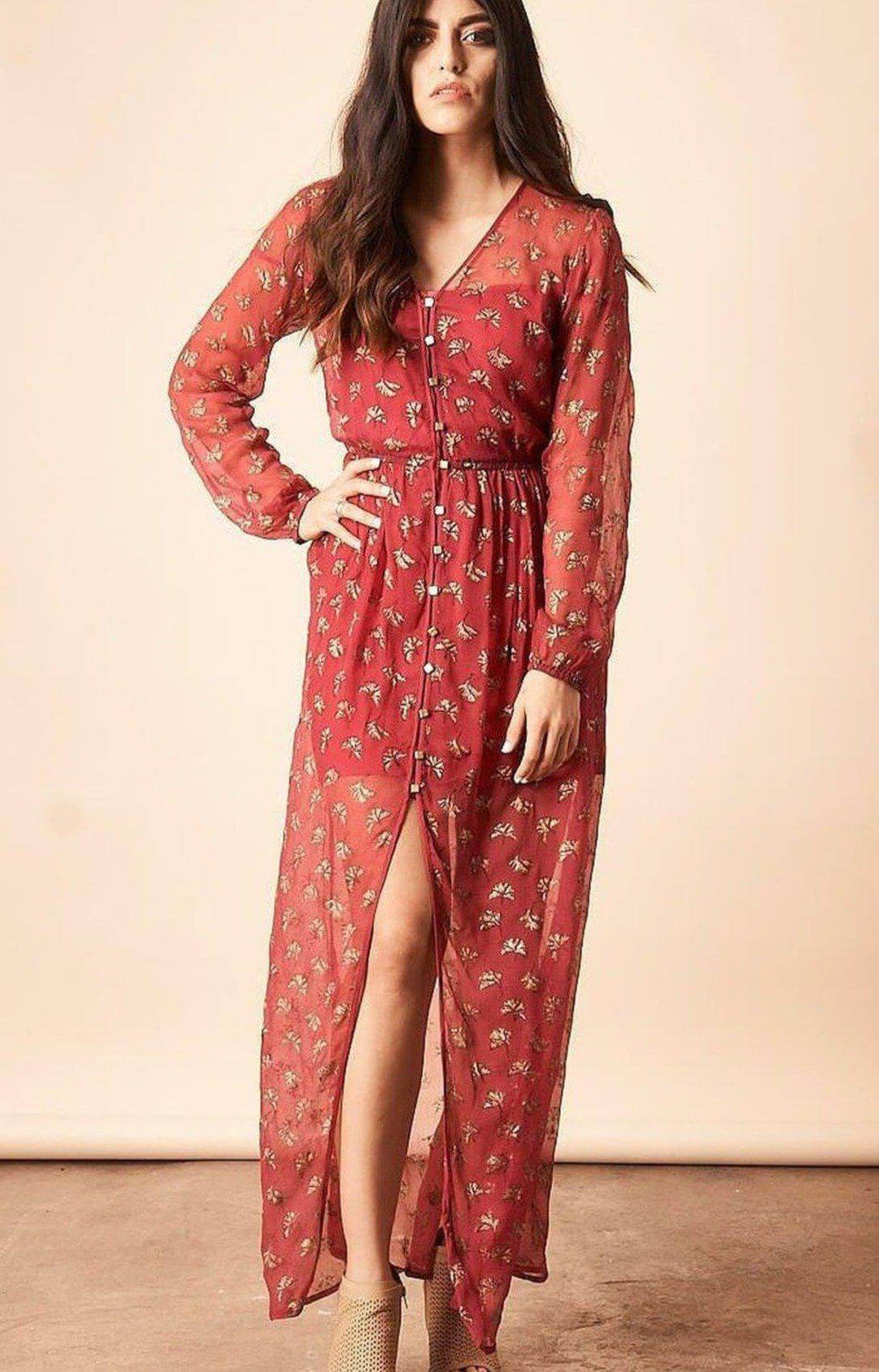 Ginkgo Leaf Maxi Button Down Dress in Magenta + Gold | Boutique In USA, Dresses, $ 154.00, A Moment Of Now™