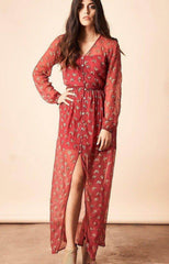 Ginkgo Leaf Maxi Button Down Dress in Magenta + Gold | Boutique In USA, Dresses, $ 154.00, A Moment Of Now™
