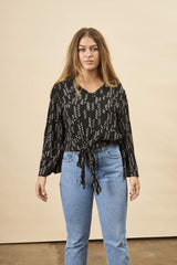 Stylized Feather Tie Knot Blouse in Black + Cream | Boutique In USA, Tops, $ 82.00, A Moment Of Now™