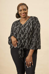 Stylized Feather Tie Knot Blouse in Black + Cream | Boutique In USA, Tops, $ 82.00, A Moment Of Now™