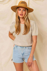 Oatmeal Beige Puff Sleeve Round Neck Sweater Top, Tops, $ 51.95, A Moment Of Now™