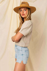 Oatmeal Beige Puff Sleeve Round Neck Sweater Top, Tops, $ 51.95, A Moment Of Now™