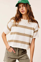 Lightweight Stripe Sweater Short Sleeve Top - Stylish & Comfy, Sweaters, $ 39.00, A Moment Of Now™