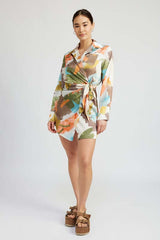 Abstract Watercolor Print Ruched Surplice Shirt Dress, Dresses, $ 68.95, A Moment Of Now™