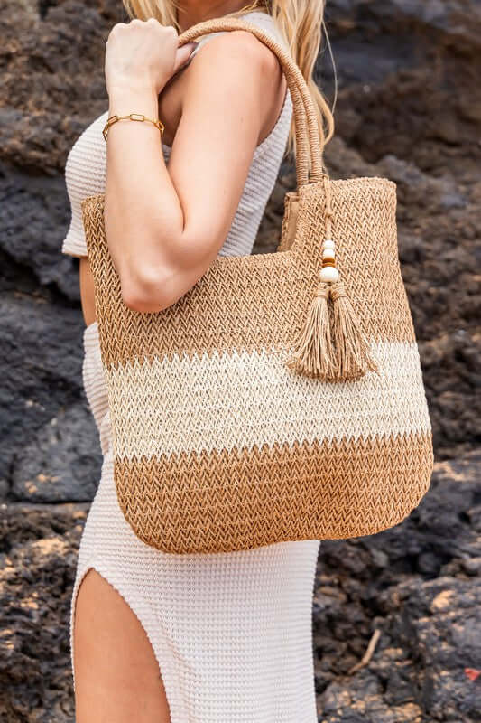 Valeria Two-Tone Straw Tote Shoulder Bag - Chic & Practical, Totes, $ 51.95, A Moment Of Now™