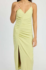 Rushed Cross Back Side Slit Satin Dress - Elegant Style, Dresses, $ 65.95, A Moment Of Now™