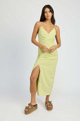 Rushed Cross Back Side Slit Satin Dress - Elegant Style, Dresses, $ 65.95, A Moment Of Now™