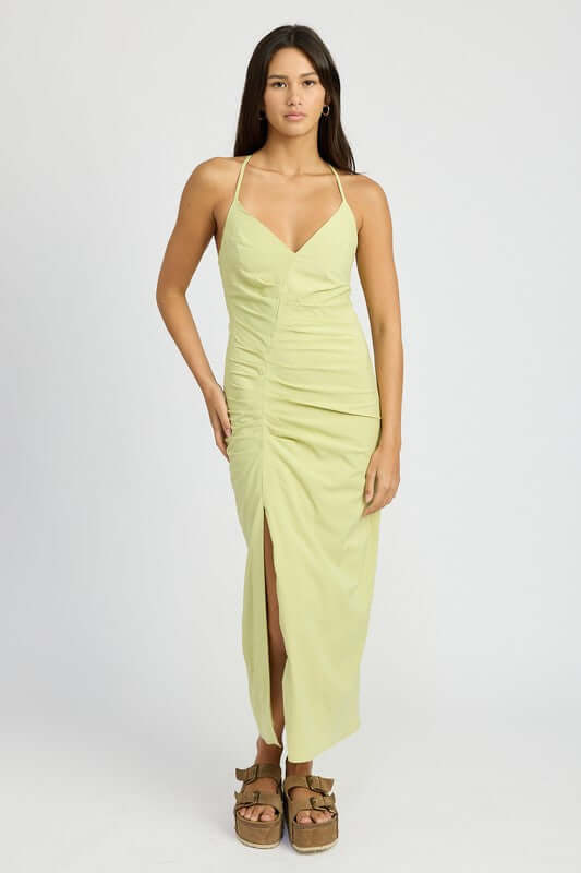 Rushed Cross Back Side Slit Satin Dress - Elegant Style, Dresses, $ 65.95, A Moment Of Now™
