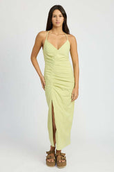 Rushed Cross Back Side Slit Satin Dress - Elegant Style, Dresses, $ 65.95, A Moment Of Now™