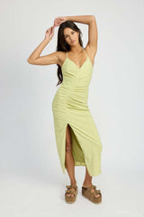 Rushed Cross Back Side Slit Satin Dress - Elegant Style, Dresses, $ 65.95, A Moment Of Now™