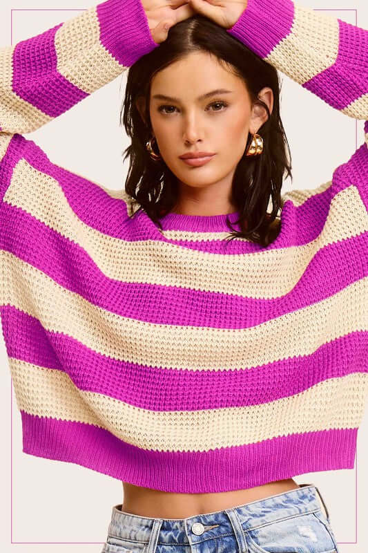 Striped Round Neck Loose Fit Sweater - Stylish Comfort, Sweaters, $ 49.00, A Moment Of Now™