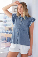 Blue Washed Denim Ruffle Short Sleeve Shirt, Shirts, $ 55.00, A Moment Of Now™