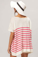 Fuchsia V Neck Striped Short Sleeve Top - Stylish Comfort, Tops, $ 45.00, A Moment Of Now™