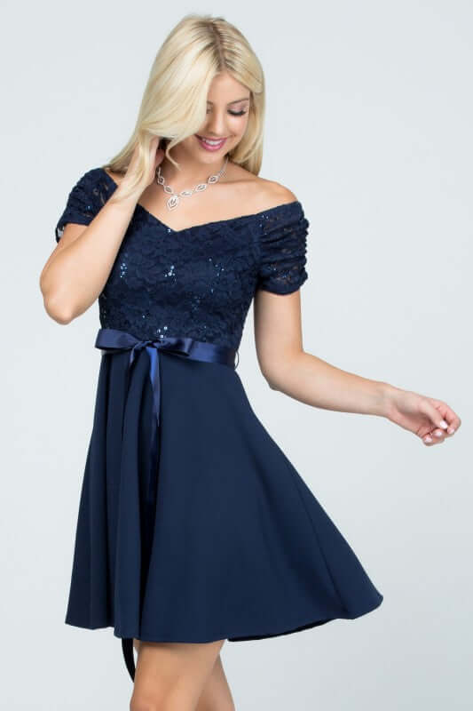 Navy Off The Shoulder Mini Dress with Lace Sleeves, Dresses, $ 65.00, A Moment Of Now™
