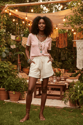 Pink Floral V-Neck Short Sleeve Ribbed T-Shirt | Bohemian Fashion, T-shirts, $ 49.00, A Moment Of Now™