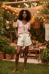 Pink Floral V-Neck Short Sleeve Ribbed T-Shirt | Bohemian Fashion, T-shirts, $ 49.00, A Moment Of Now™