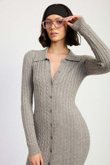 Grey Button Up Long Sleeve Cable Knit Midi Dress, Sweater Dresses, $ 65.00, A Moment Of Now™