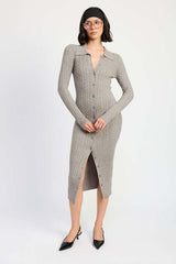 Grey Button Up Long Sleeve Cable Knit Midi Dress, Sweater Dresses, $ 65.00, A Moment Of Now™