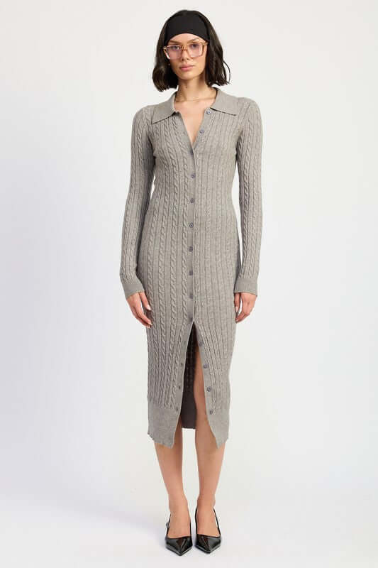 Grey Button Up Long Sleeve Cable Knit Midi Dress, Sweater Dresses, $ 65.00, A Moment Of Now™