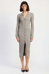 Grey Button Up Long Sleeve Cable Knit Midi Dress, Sweater Dresses, $ 65.00, A Moment Of Now™