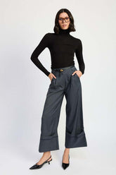 Grey Blue Fold Over Pleated Flare Pants, Pants, $ 75.00, A Moment Of Now™