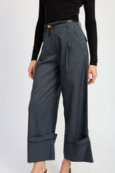 Grey Blue Fold Over Pleated Flare Pants, Pants, $ 75.00, A Moment Of Now™