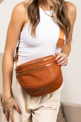 Sabrina Double Zip Leather Crescent Sling - Chic & Functional, Crossbody Bags, $ 45.00, A Moment Of Now™
