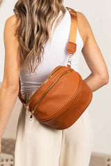 Sabrina Double Zip Leather Crescent Sling - Chic & Functional, Crossbody Bags, $ 45.00, A Moment Of Now™