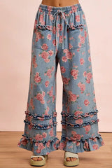 Blue Washed Floral Denim With Ruffle Elastic Wide Pants | Boutique In USA, Pants, $ 67.00, A Moment Of Now™