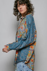 Blue Patchwork Mixed Textured Paisley Floral Stripe Long Sleeve Shirt | Boutique In USA, Shirts, $ 63.00, A Moment Of Now™