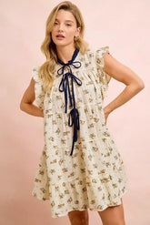 Beige Navy Floral Multi-tierd Dress With Ruffles And Front Tie | Boutique In USA, Dresses, $ 60.00, A Moment Of Now™