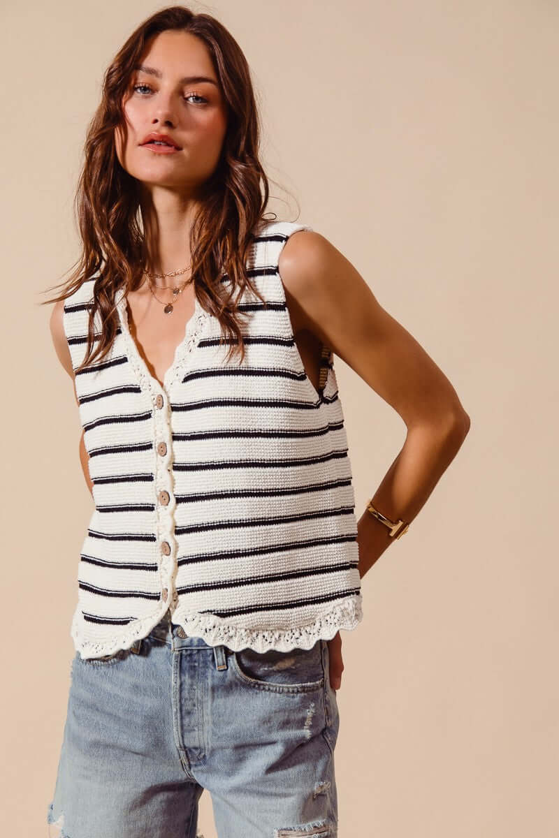 SO ME Buttoned Front Stripe Texture Knitted Sweater Vest, , $ 52.00, A Moment Of Now™