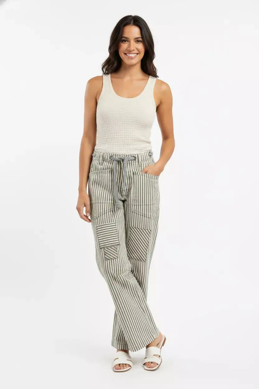 Grey Drawstring Striped Twill Barrel Pants | Boutique In USA, Pants, $ 69.00, A Moment Of Now™