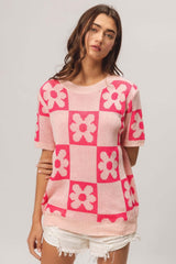 Stylish Pink Flower Checker Pattern Short Sleeve Sweater, Sweaters, $ 45.00, A Moment Of Now™